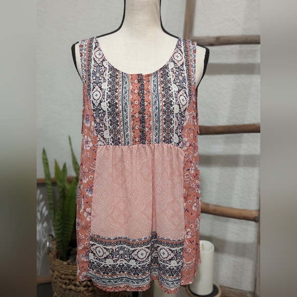 Artesia Tops - Artesia Womens Sz L Semi-Sheer Floral Boho Flowy Tank Top Blouse Patchwork Print